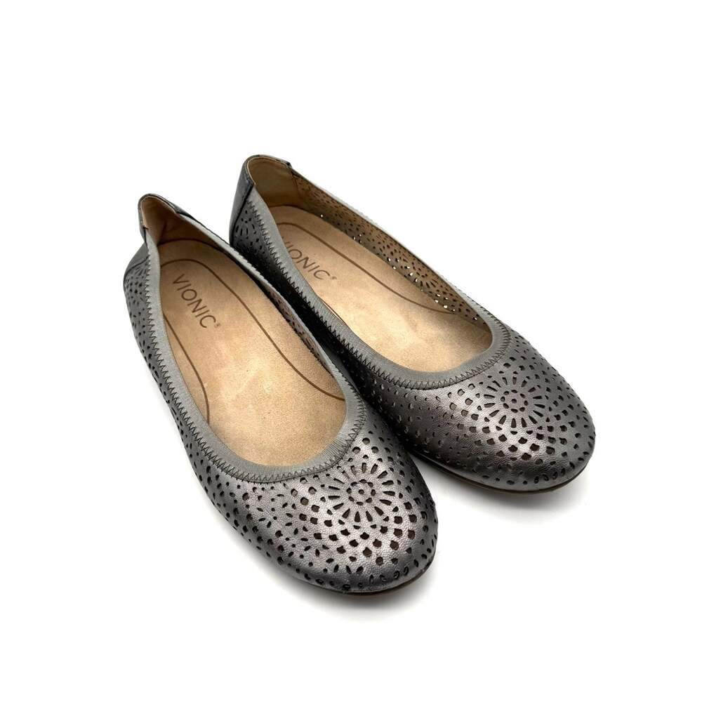 Vionic Robyn Pewter Metallic Perforated Flat 7 - Picture 2 of 12